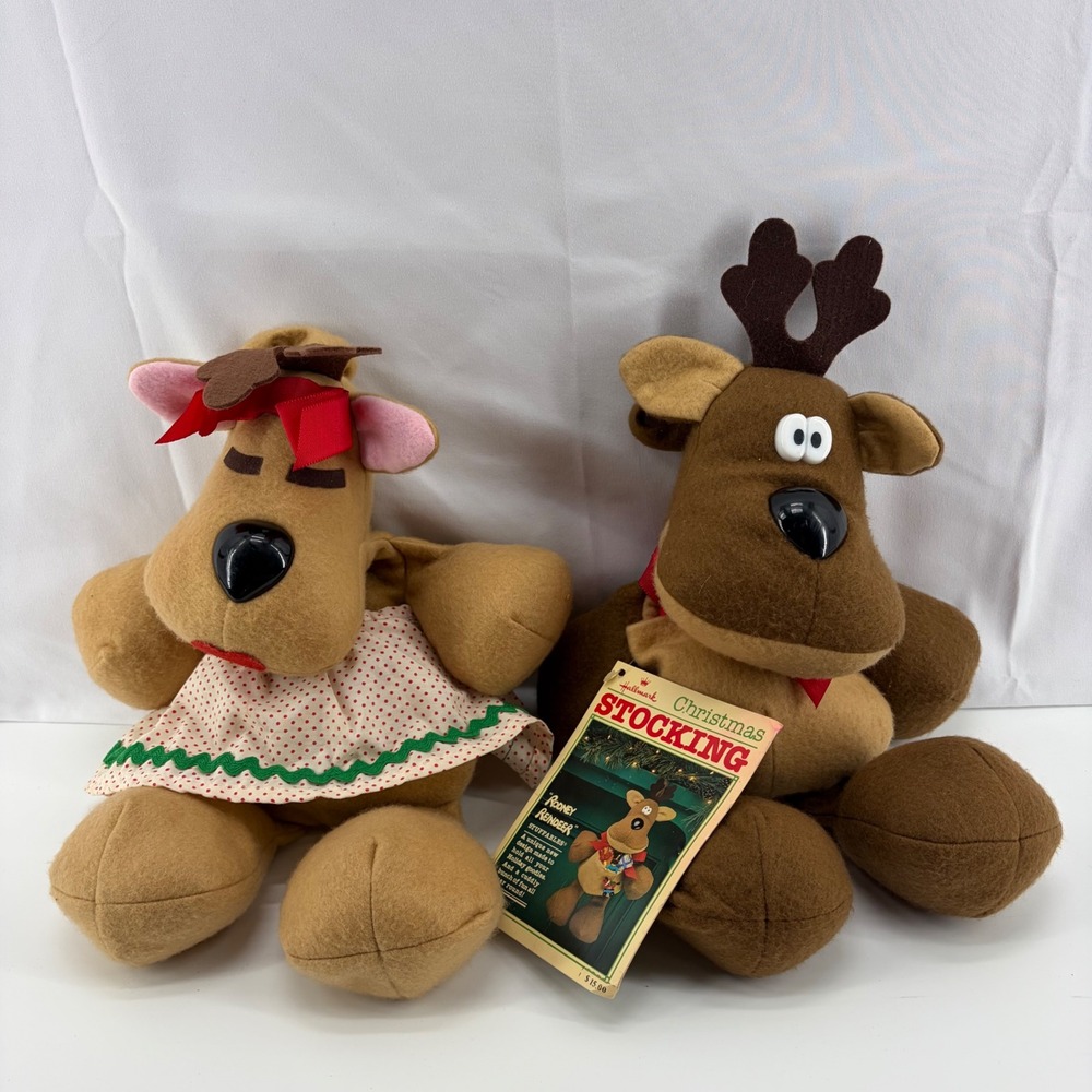 Vtg Hallmark Rodney and Rhonda Reindeer Stuffables Plush Christmas Stockings